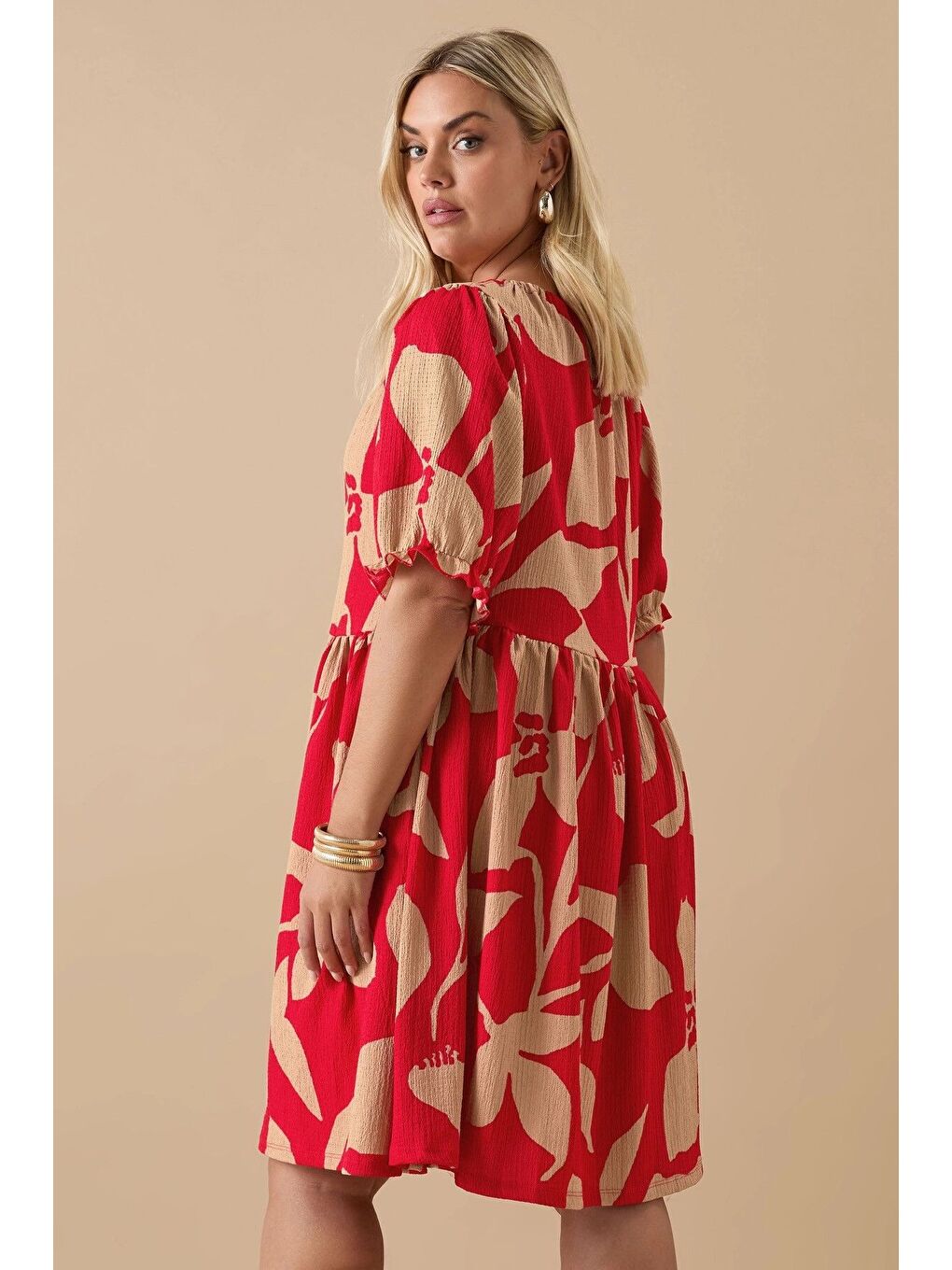 Kırmızı Büyük Beden V Yaka Bürümcük Kumaş Önü Bağlamalı Mini Elbise 304141-4