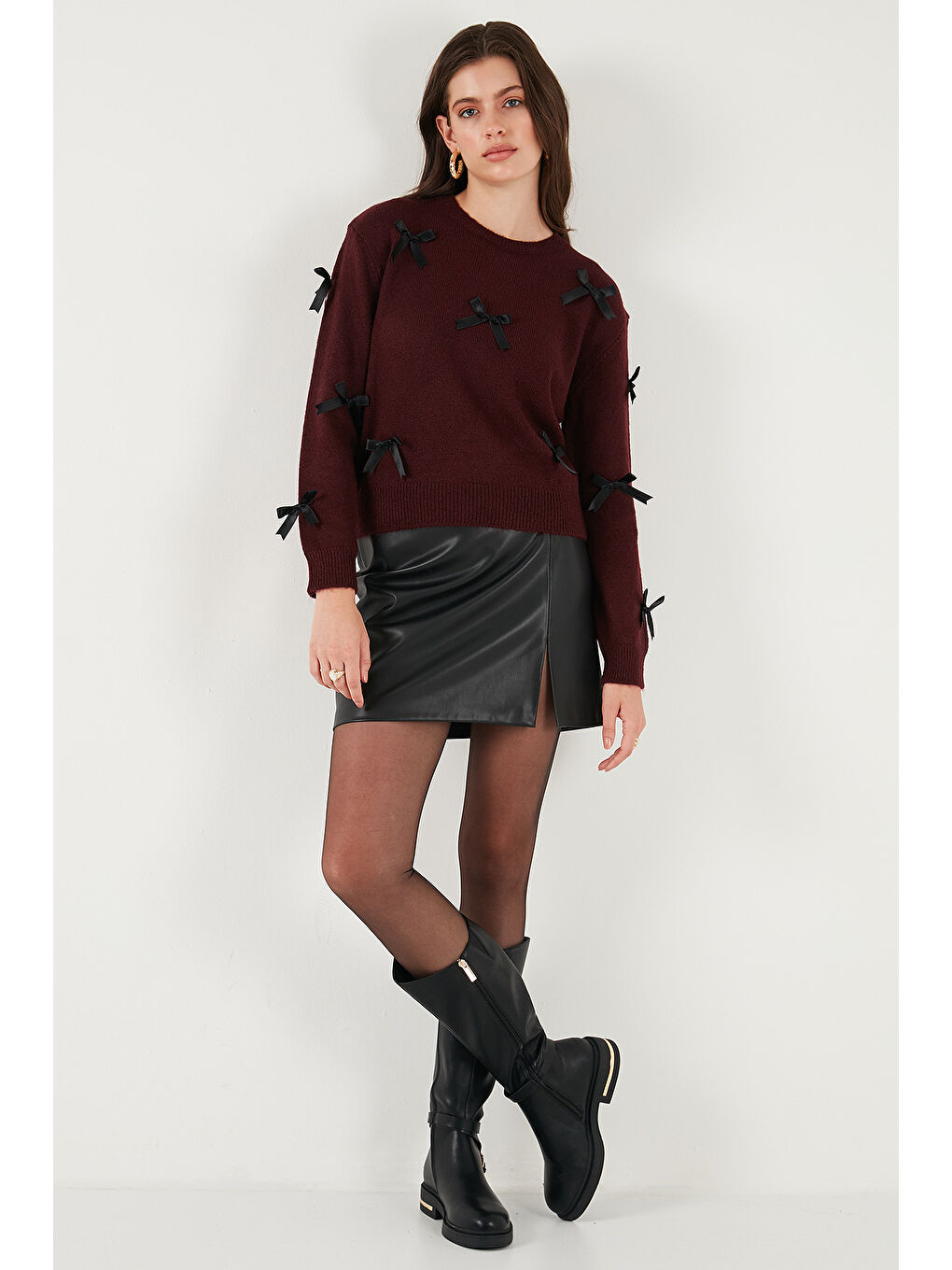 Bordo Premium Regular Fit Bisiklet Yaka Fiyonk Detaylı Triko Kazak 680KZ00155-2