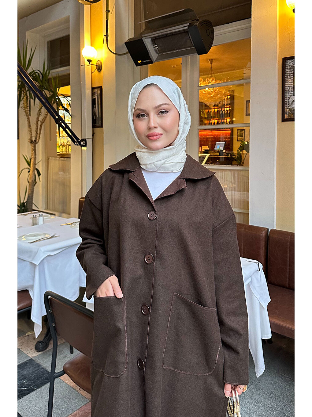 Kahverengi Kadın Cep Detaylı Ara Boy Kaşe Kahve-3