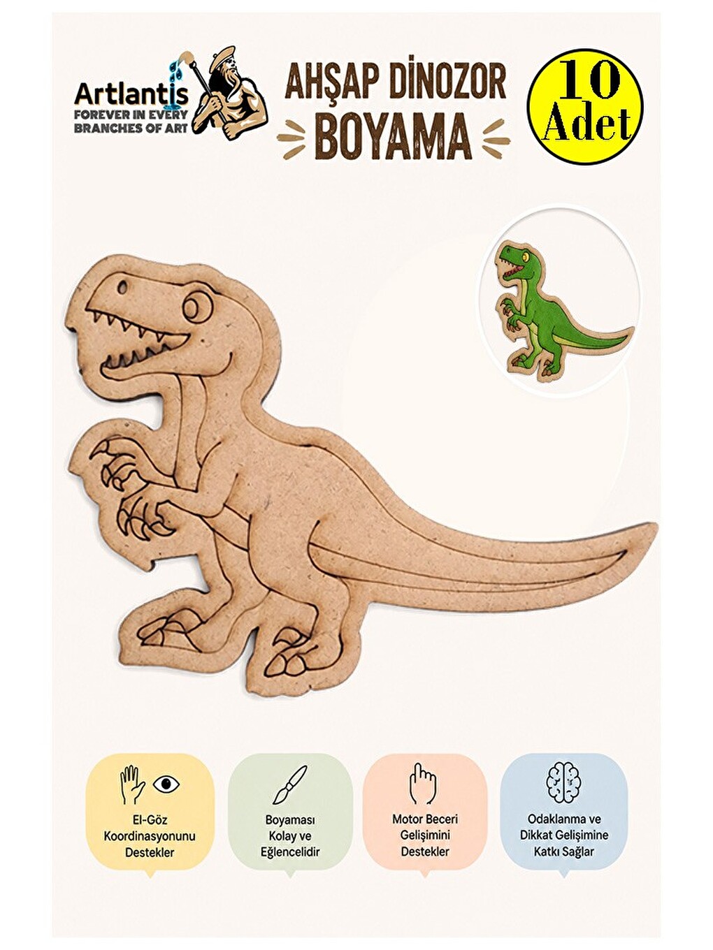 Ahşap Boyama Dinozorlar 10 Adet 10x15 Dinozor Boyama Figürü Etkinlik Çocuk Gelişim Motor Beceri Anas