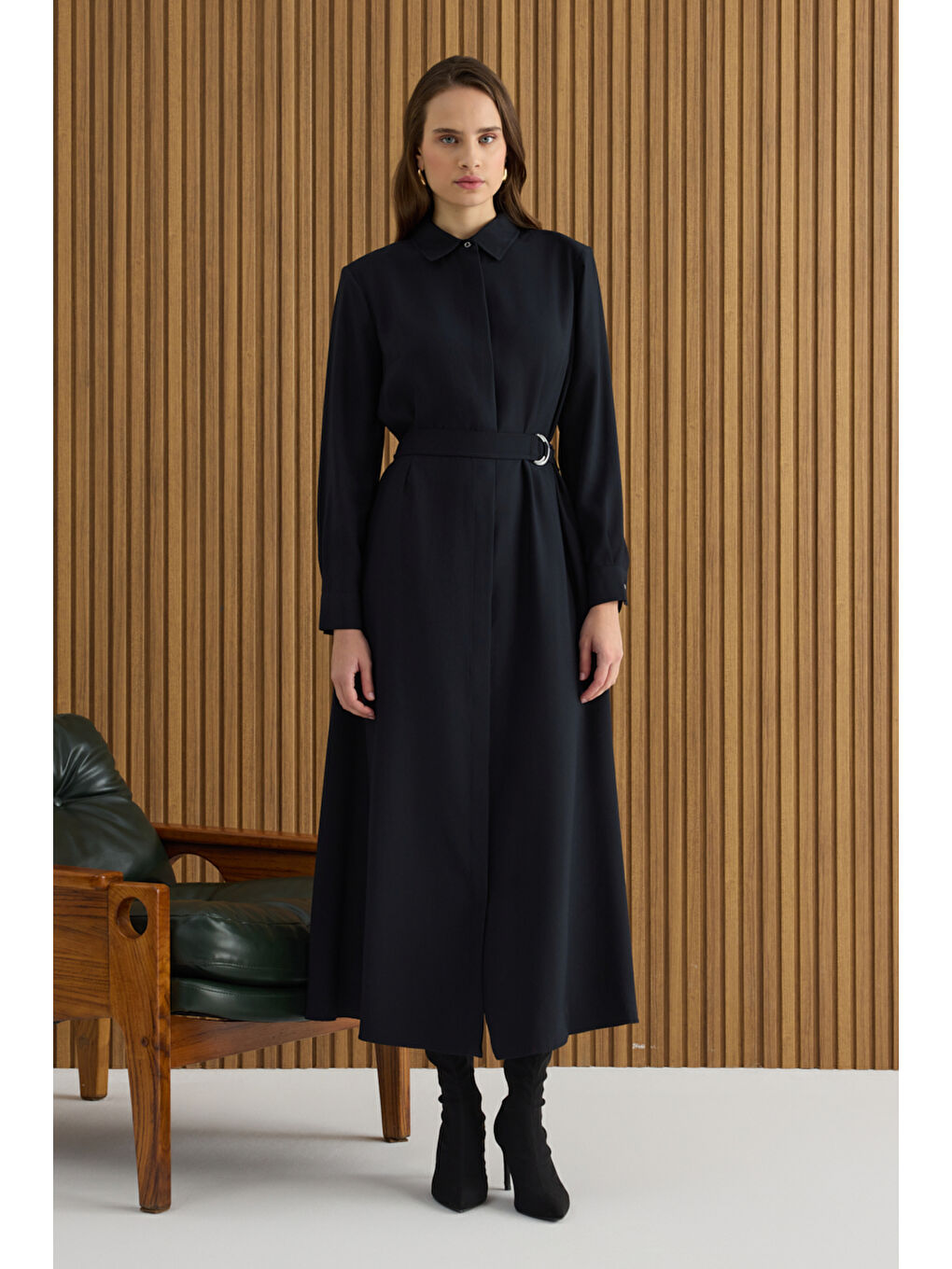 Siyah Metal Tokalı Modal Elbise-3