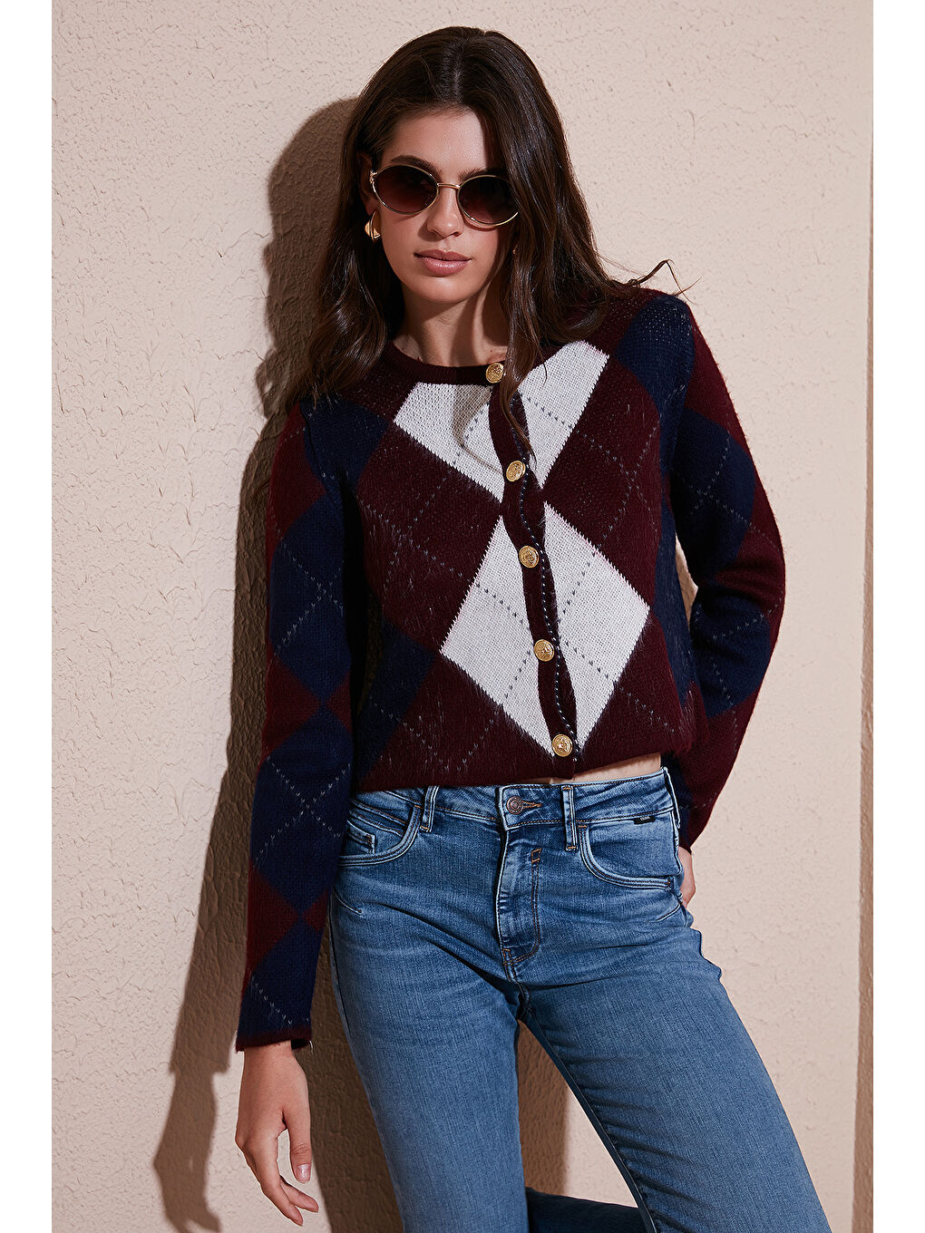 Bordo Regular Fit Bisiklet Yaka Baklava Desenli Düğmeli Crop Hırka 4615570