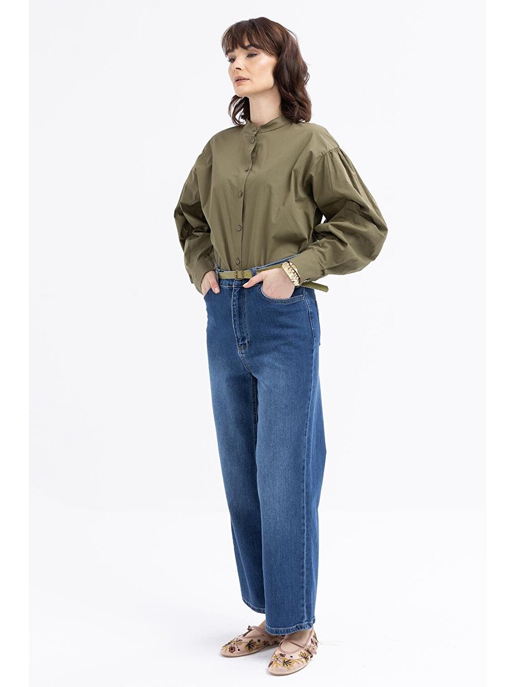 Koyu Mavi-Geniş Paça Denim Pantolon-2