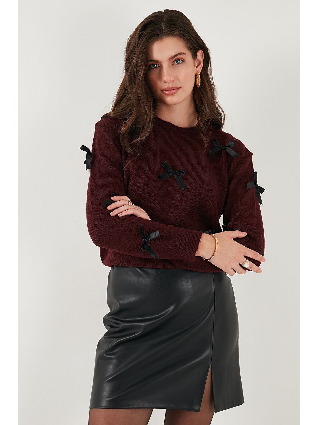 Bordo Premium Regular Fit Bisiklet Yaka Fiyonk Detaylı Triko Kazak 680KZ00155-3