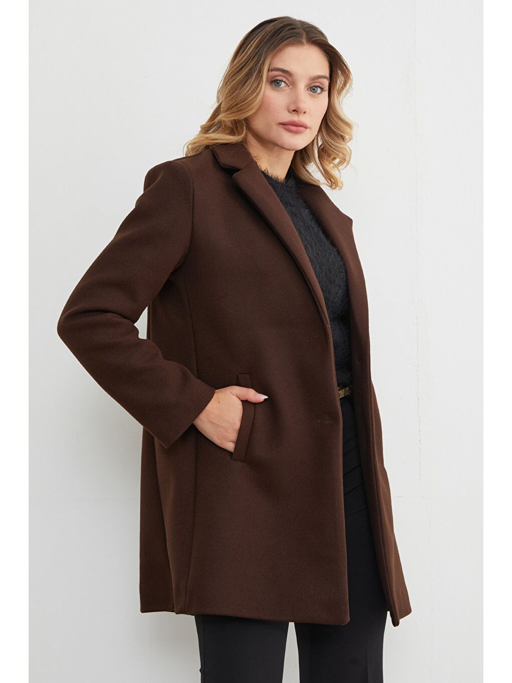 Kahverengi Kruvaze Yaka Cepli Kaşe Kaban-3