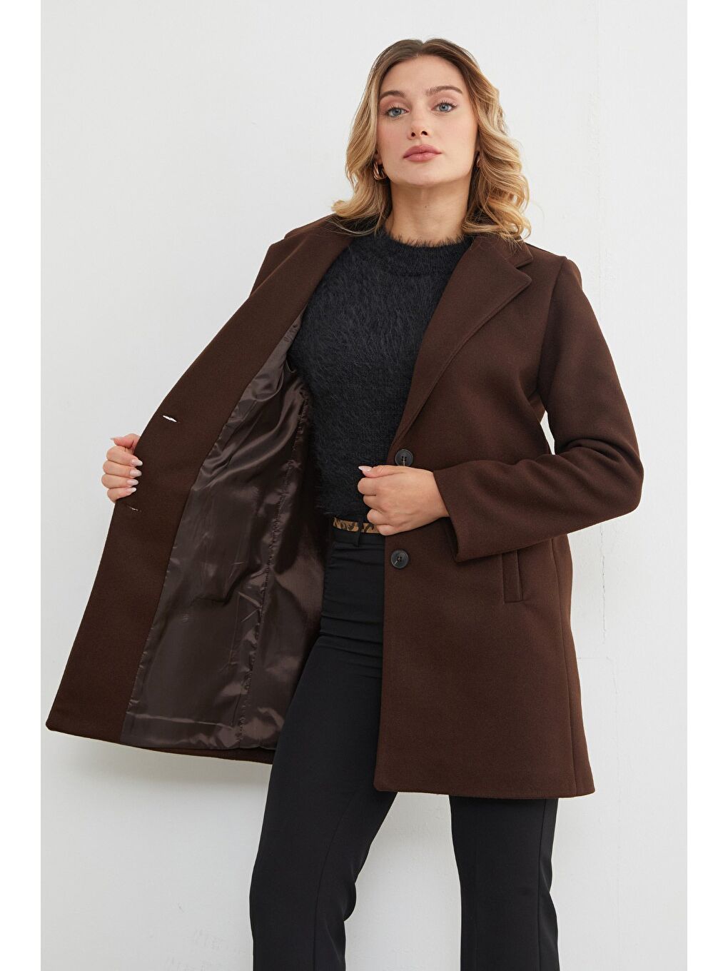 Kahverengi Kruvaze Yaka Cepli Kaşe Kaban-4