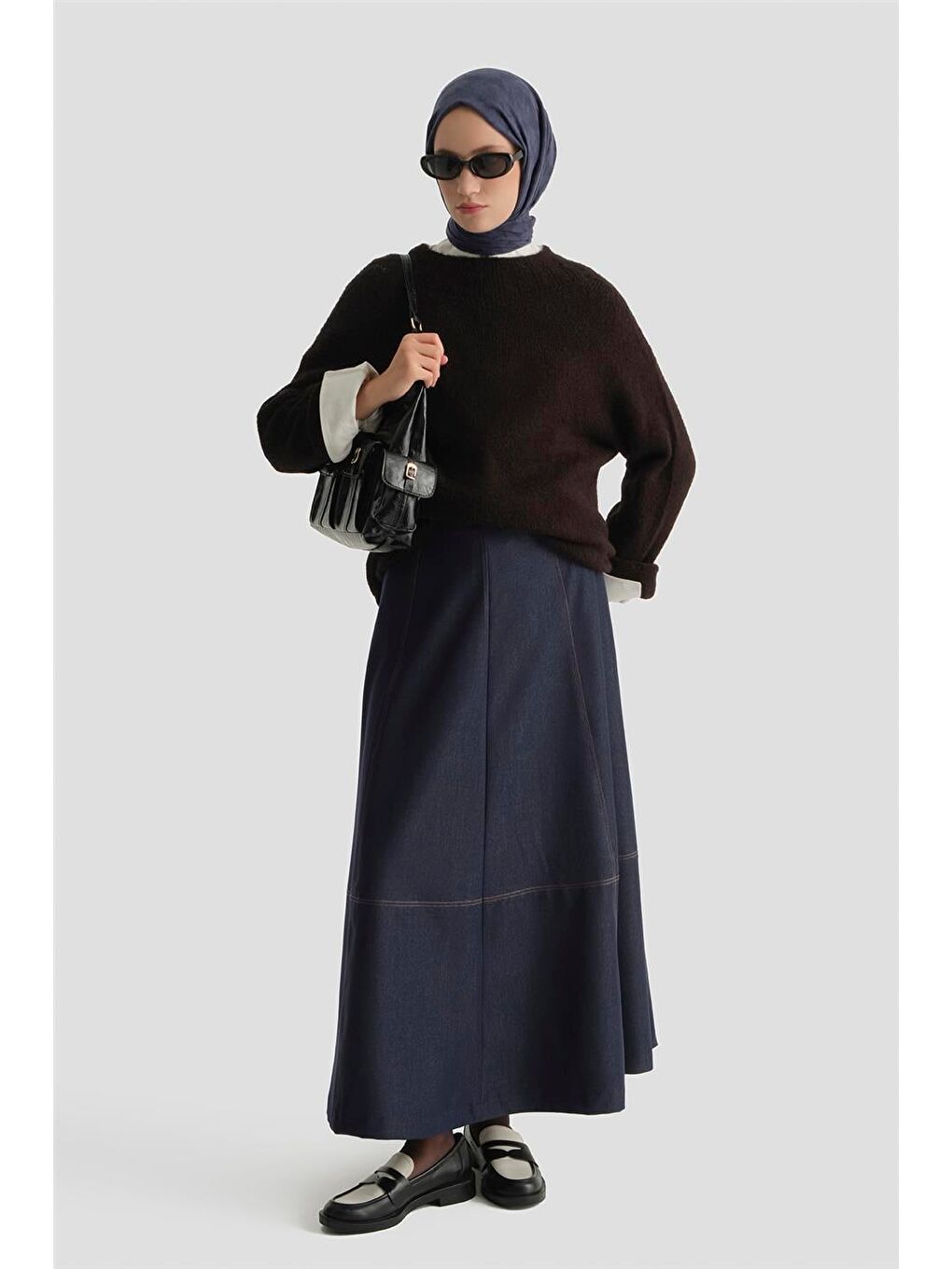 Dikiş Detaylı Denim Etek İndigo-0