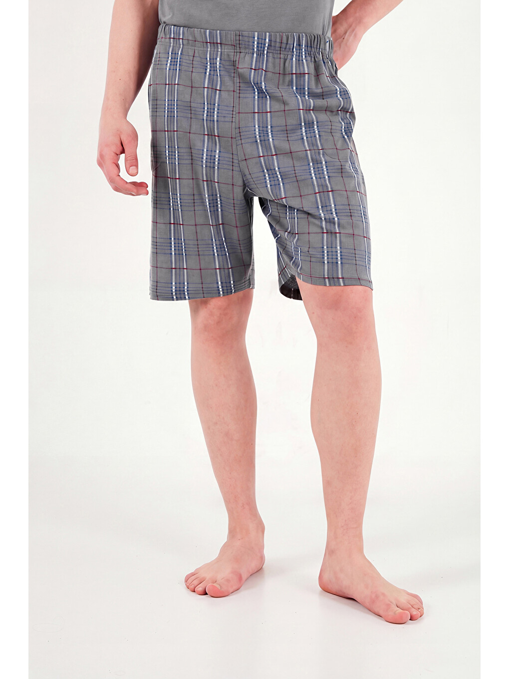 Gri Kareli Pamuklu Regular Fit Şortlu Pijama Takımı 6572021-3