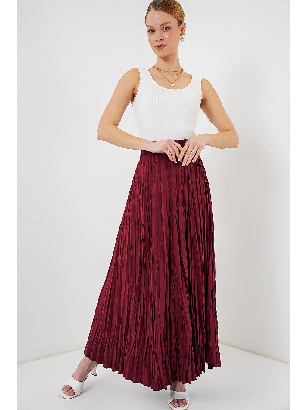 Kadın Uzun Kırışık Etek 8042 - Bordo