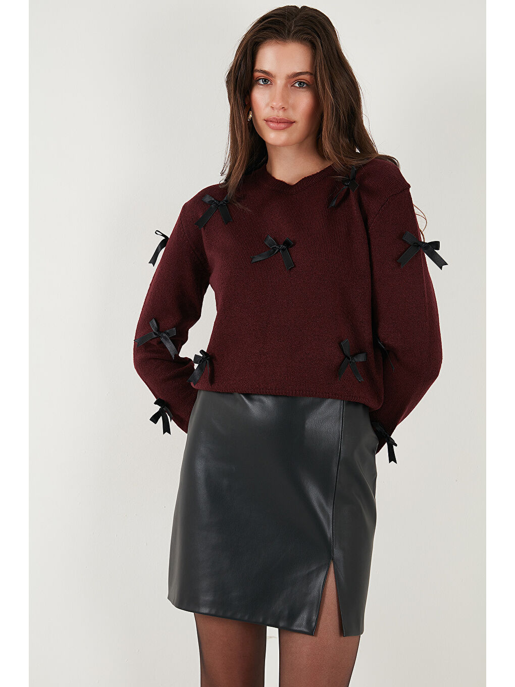 Bordo Premium Regular Fit Bisiklet Yaka Fiyonk Detaylı Triko Kazak 680KZ00155-4