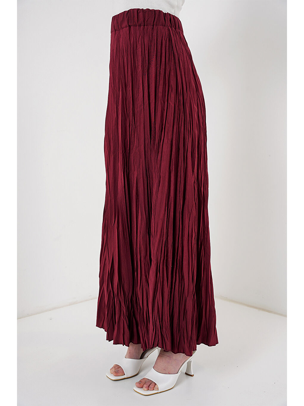Kadın Uzun Kırışık Etek 8042 - Bordo-1