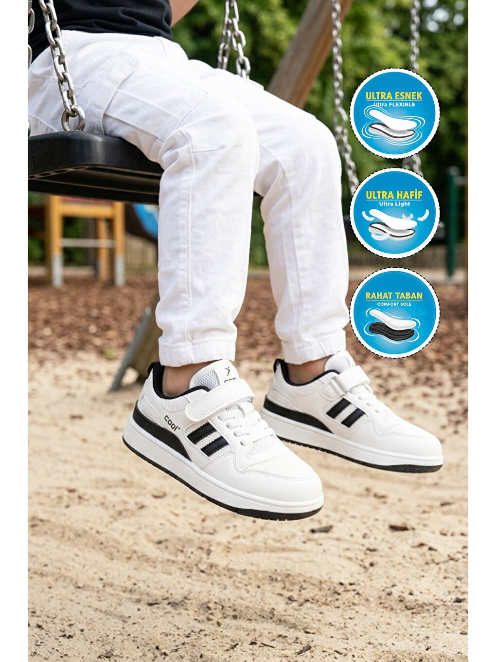 Beyaz Siyah Fileli Hafif Cırtlı Unisex Çocuk Spor Ayakkabı Stella F-2