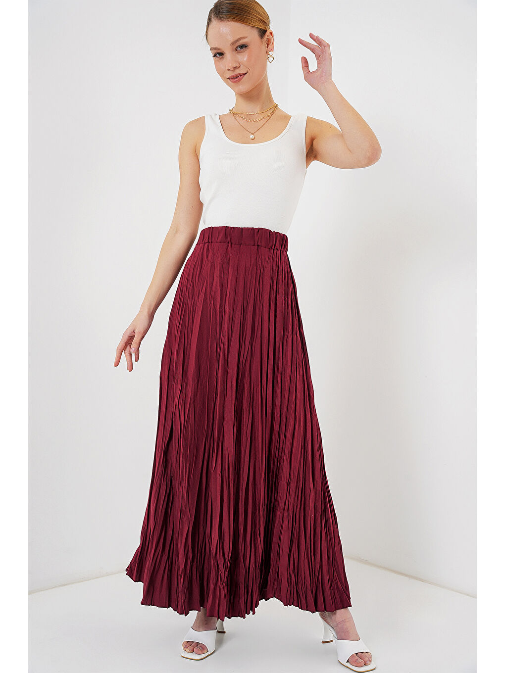 Kadın Uzun Kırışık Etek 8042 - Bordo-2