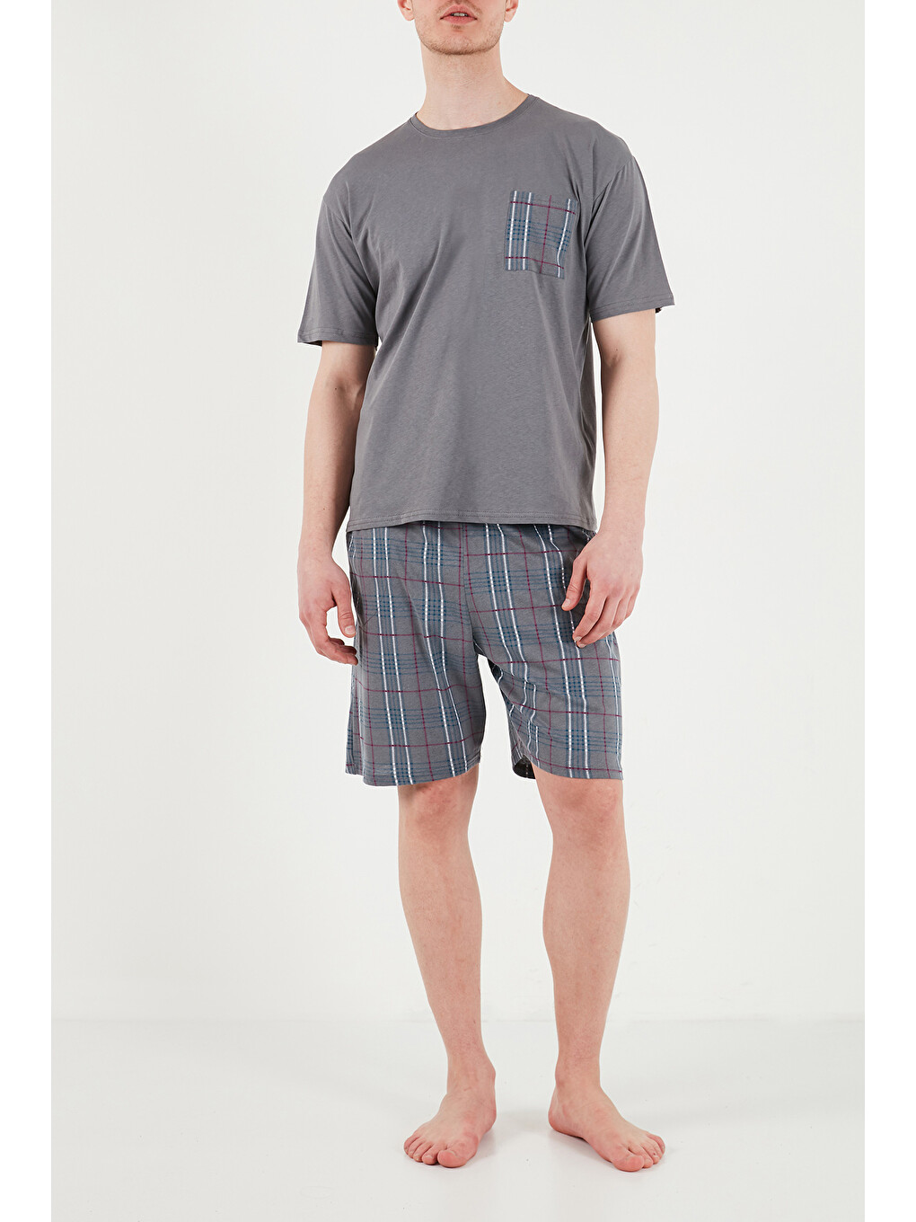 Gri Kareli Pamuklu Regular Fit Şortlu Pijama Takımı 6572021-5
