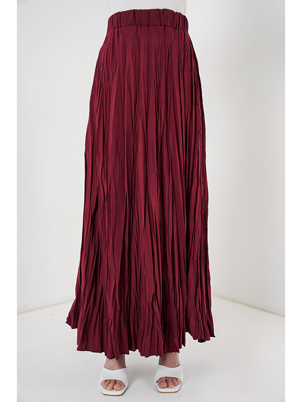 Kadın Uzun Kırışık Etek 8042 - Bordo-3