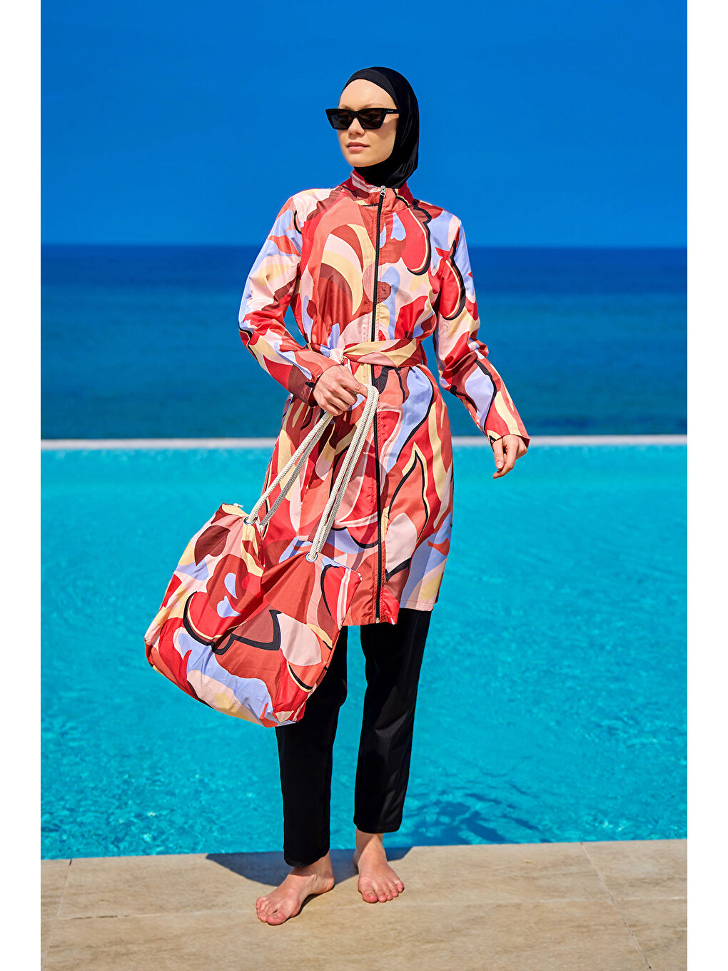 Siyah Tam Kapalı Tesettür Mayo Plaj Çantalı 4 Parça Set R2515-1