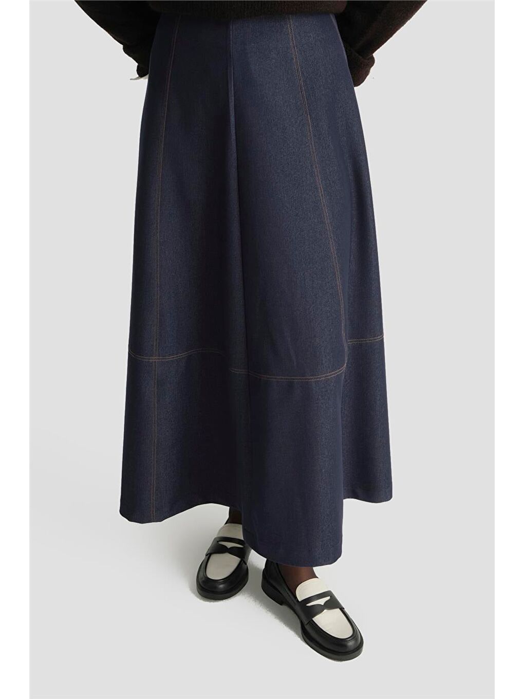 Dikiş Detaylı Denim Etek İndigo-1