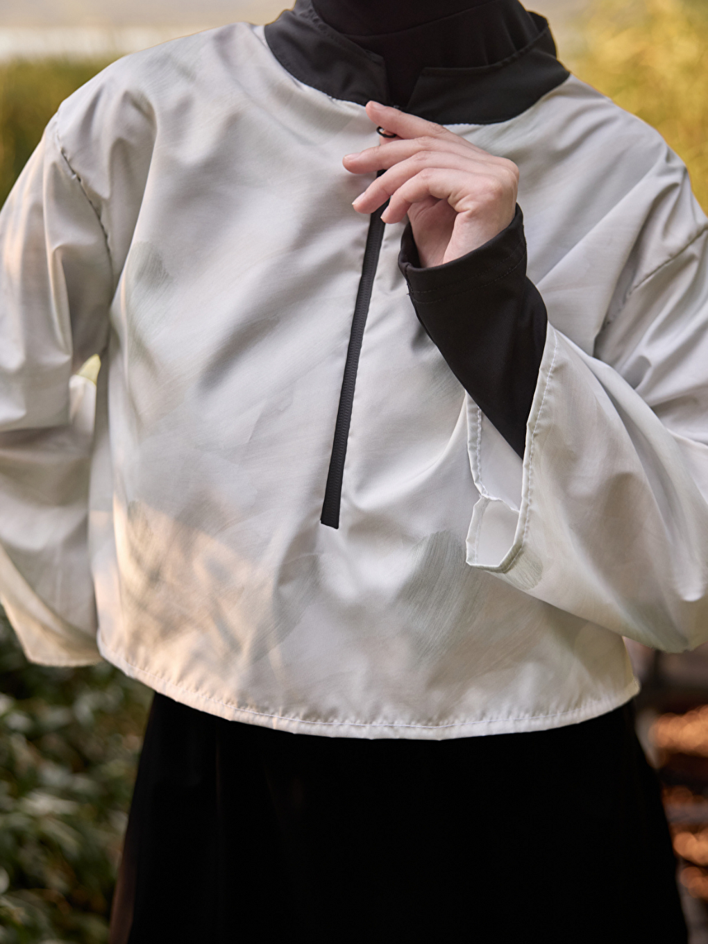 Kadın Tesettür Soluk Haki Fırça Baskılı Tam Kapalı 3 Parça Mayo Takımı-5