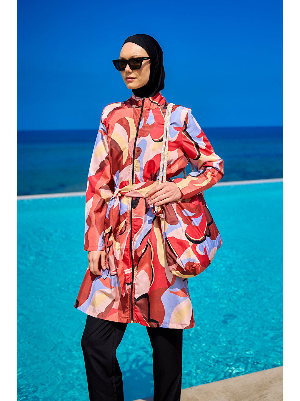 Siyah Tam Kapalı Tesettür Mayo Plaj Çantalı 4 Parça Set R2515-2