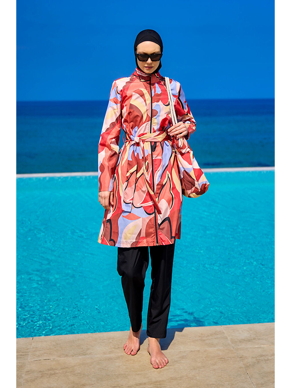 Siyah Tam Kapalı Tesettür Mayo Plaj Çantalı 4 Parça Set R2515-3