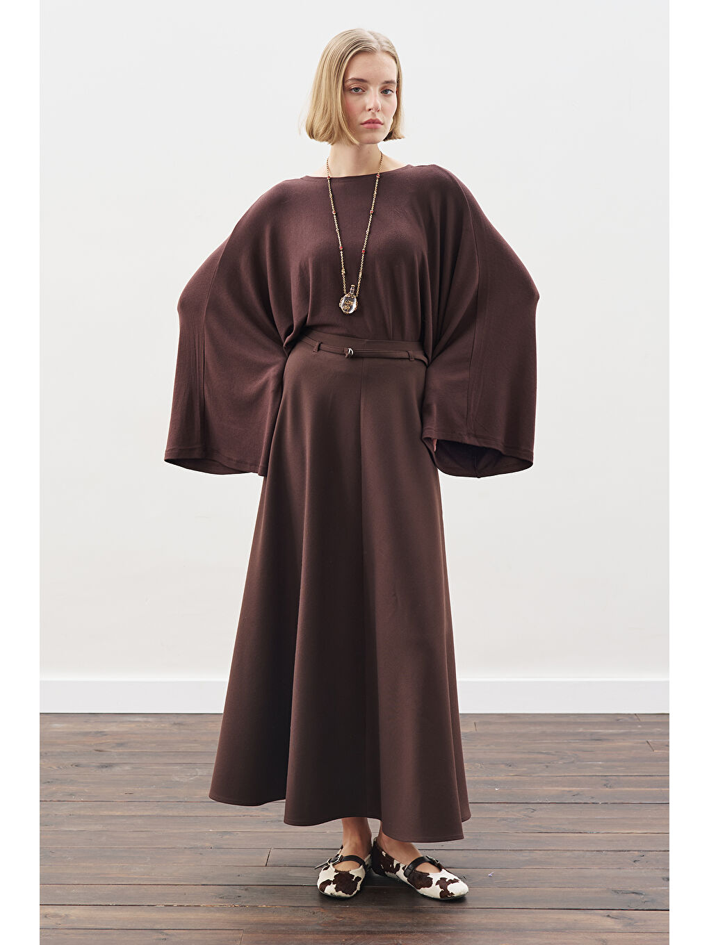 Kahverengi Kemer Detaylı Kloş Etek Acı Kahve