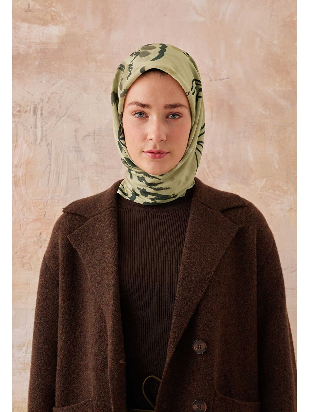 Yeşil Aura Desen Pamuk İpek Eşarp Yosun-1