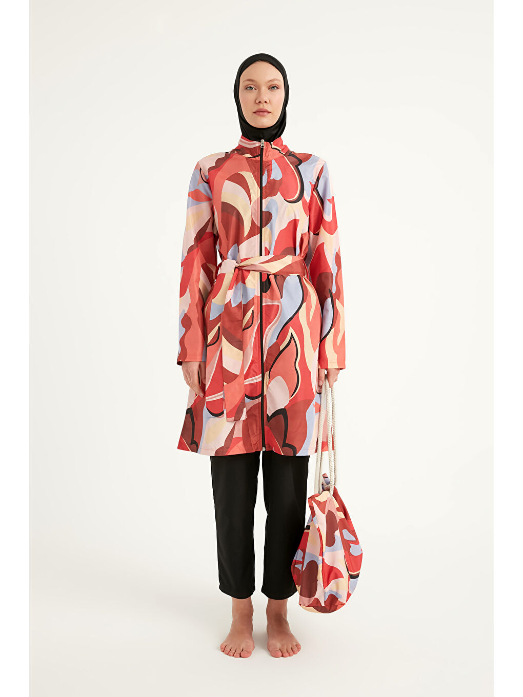 Siyah Tam Kapalı Tesettür Mayo Plaj Çantalı 4 Parça Set R2515-4