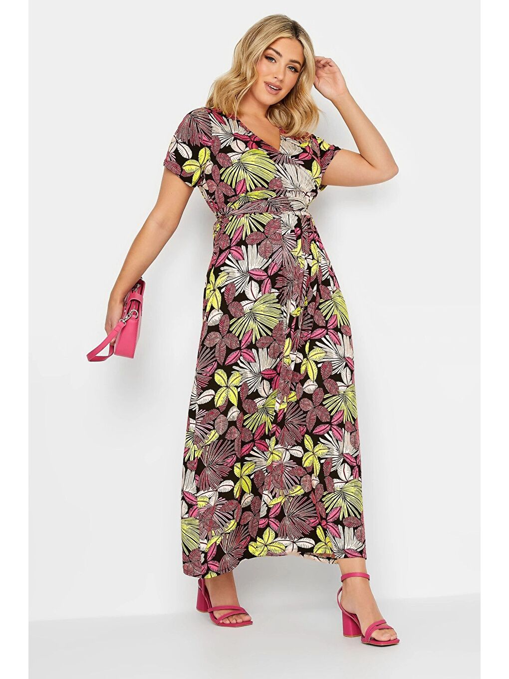 Pembe Büyük Beden V Yaka Desenli Kuşaklı Elastanlı Yarım Kol Anvelop Elbise 302064