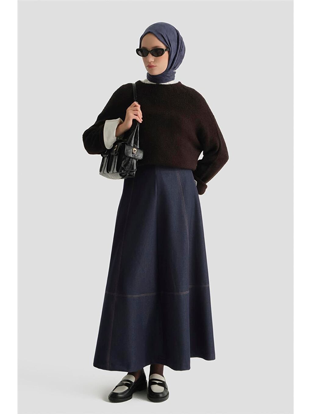 Dikiş Detaylı Denim Etek İndigo-2