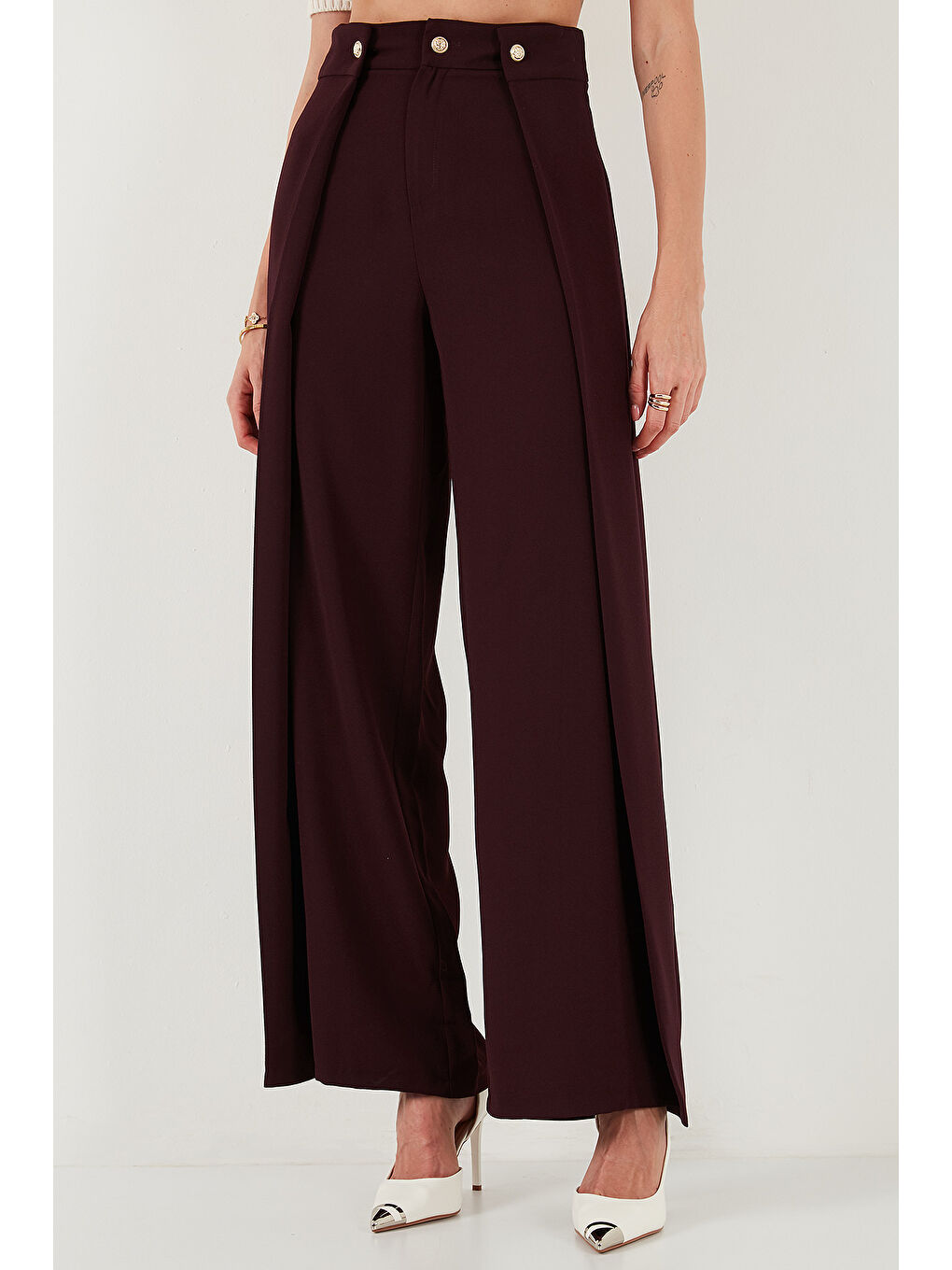 Mürdüm Düğmeli Pile Detaylı Wide Leg Yüksek Bel Geniş Paça Pantolon 68351133-1