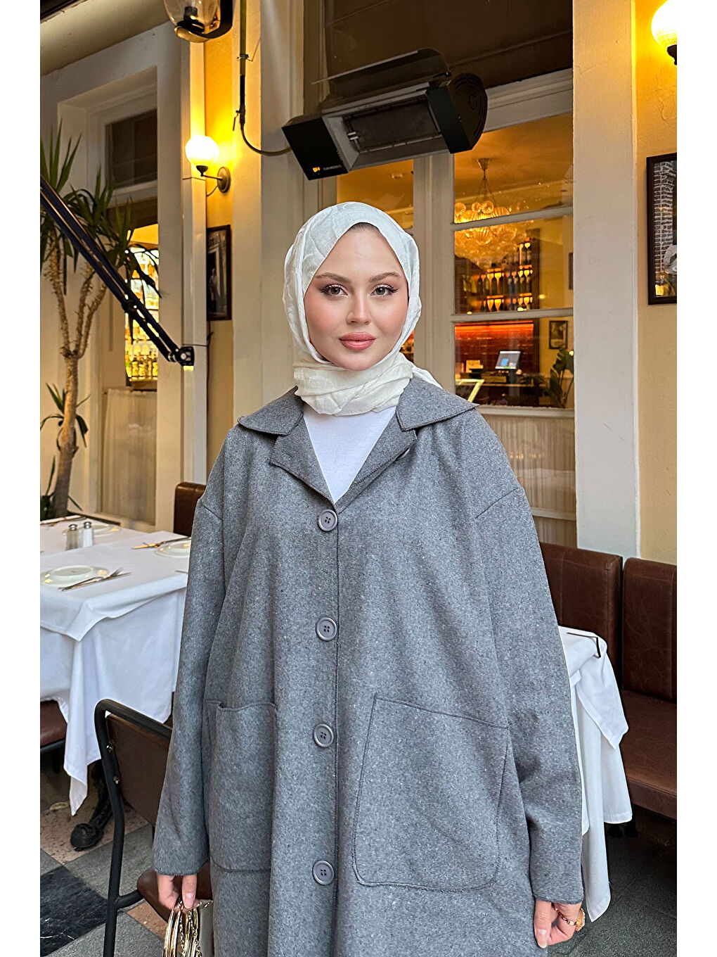 Kadın Cep Detaylı Ara Boy Kaşe Gri-2