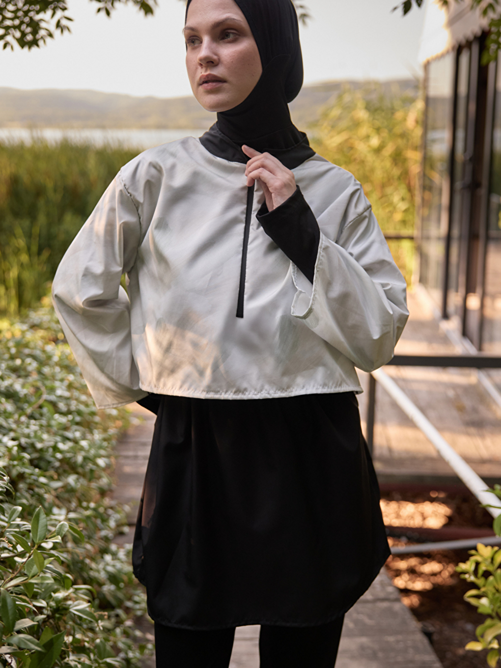 Kadın Tesettür Soluk Haki Fırça Baskılı Tam Kapalı 3 Parça Mayo Takımı-6