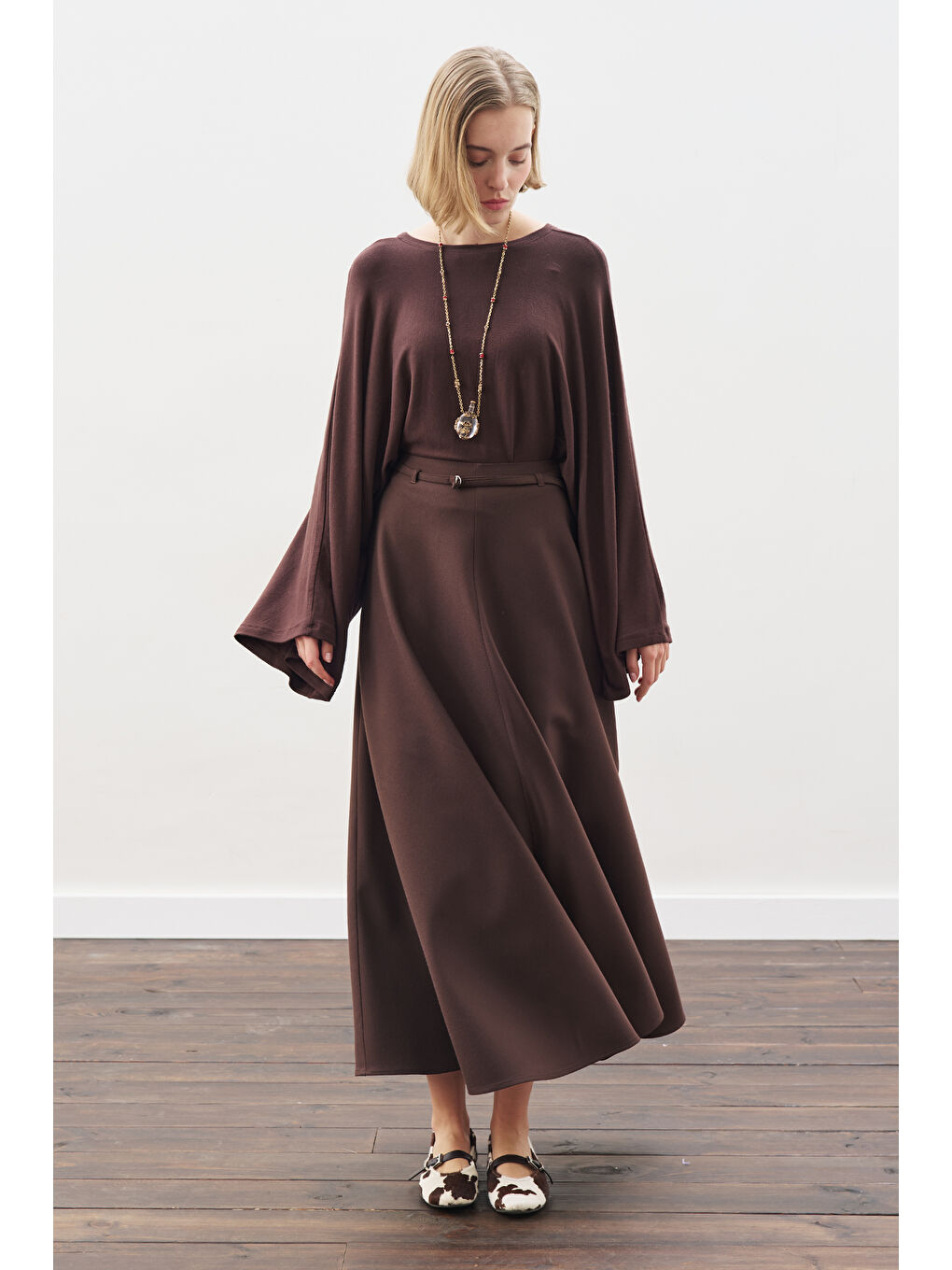 Kahverengi Kemer Detaylı Kloş Etek Acı Kahve-1