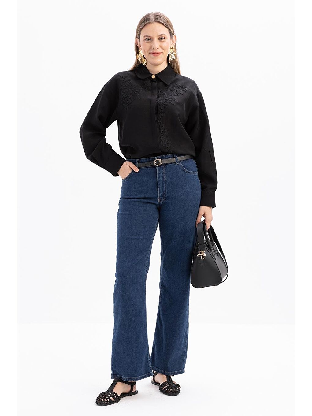 Koyu Mavi-Geniş Paça Denim Pantolon-1