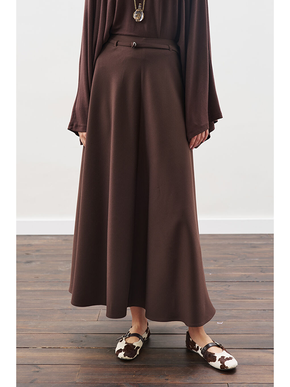 Kahverengi Kemer Detaylı Kloş Etek Acı Kahve-2