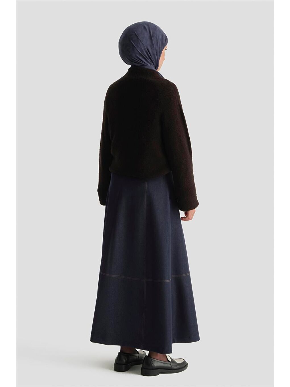 Dikiş Detaylı Denim Etek İndigo-3