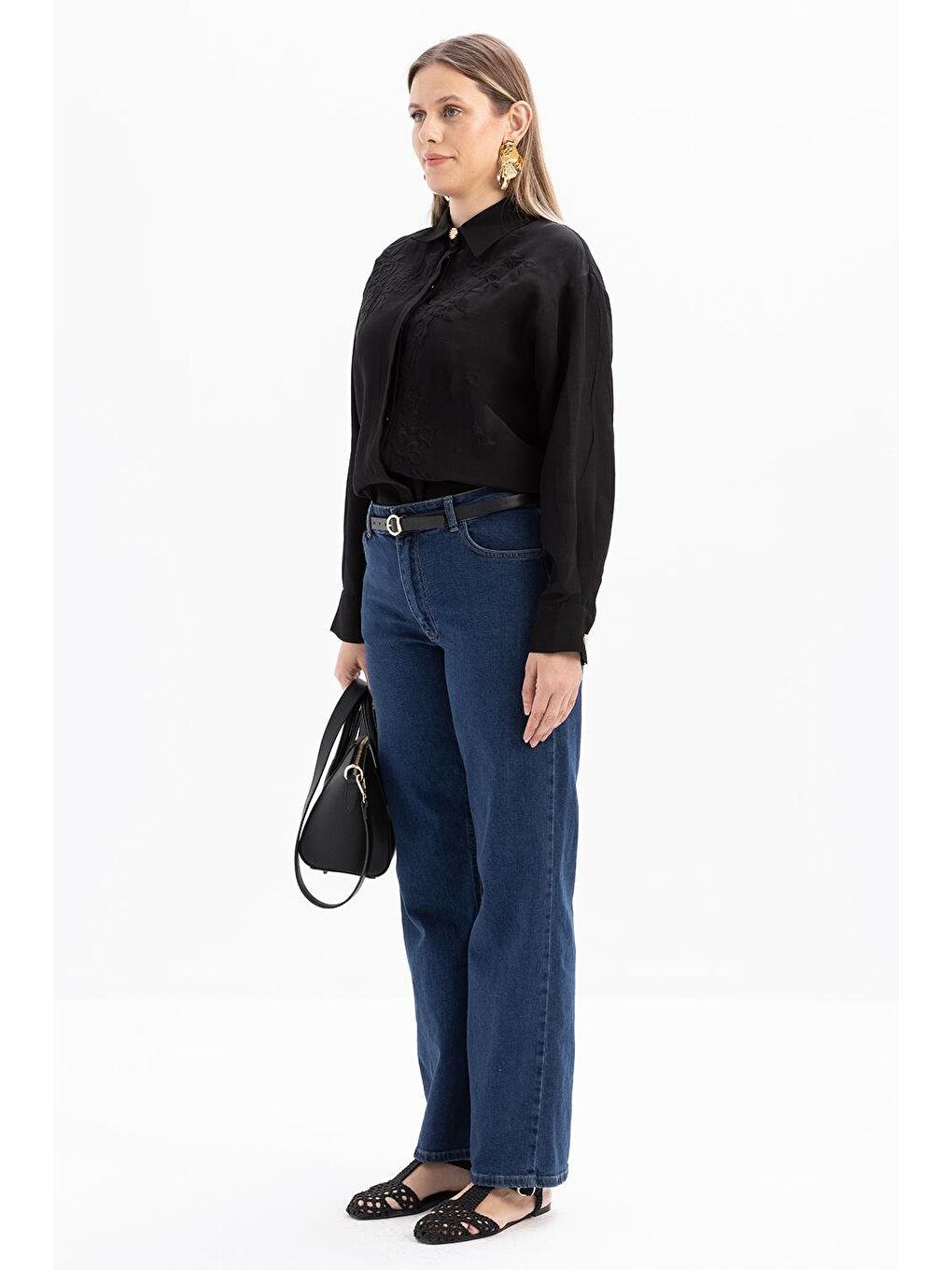 Koyu Mavi-Geniş Paça Denim Pantolon-2