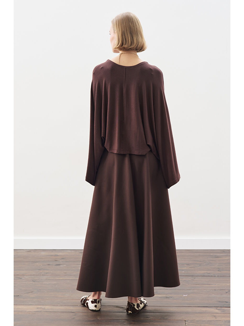 Kahverengi Kemer Detaylı Kloş Etek Acı Kahve-3