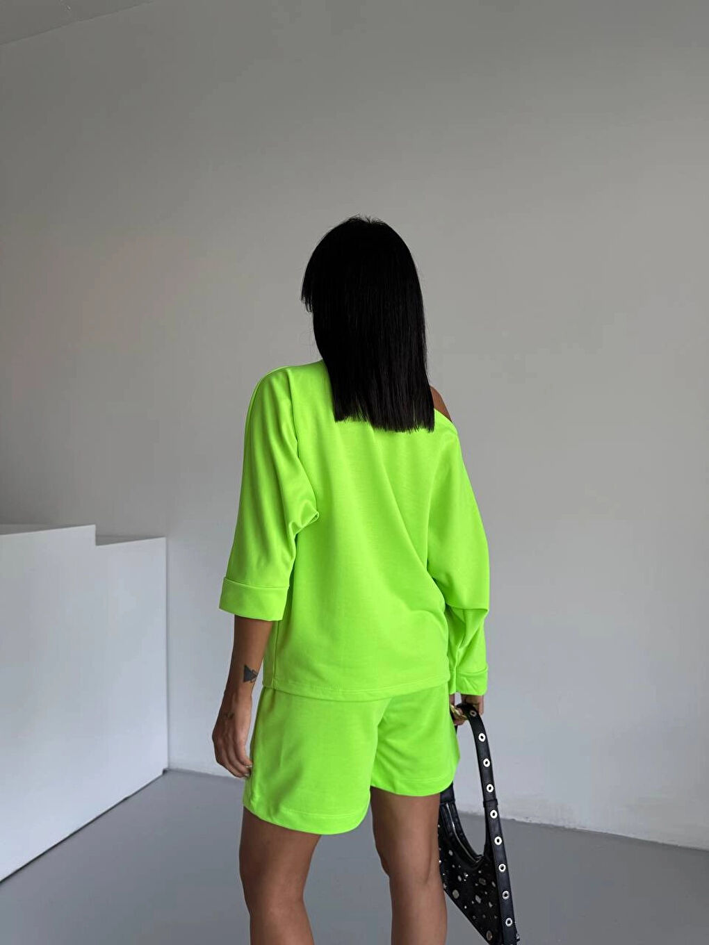 Kadın Neon Yeşil 2 İplik Kayık Yaka Bluz Şort Alt Üst Takım HZL25S-120511-4