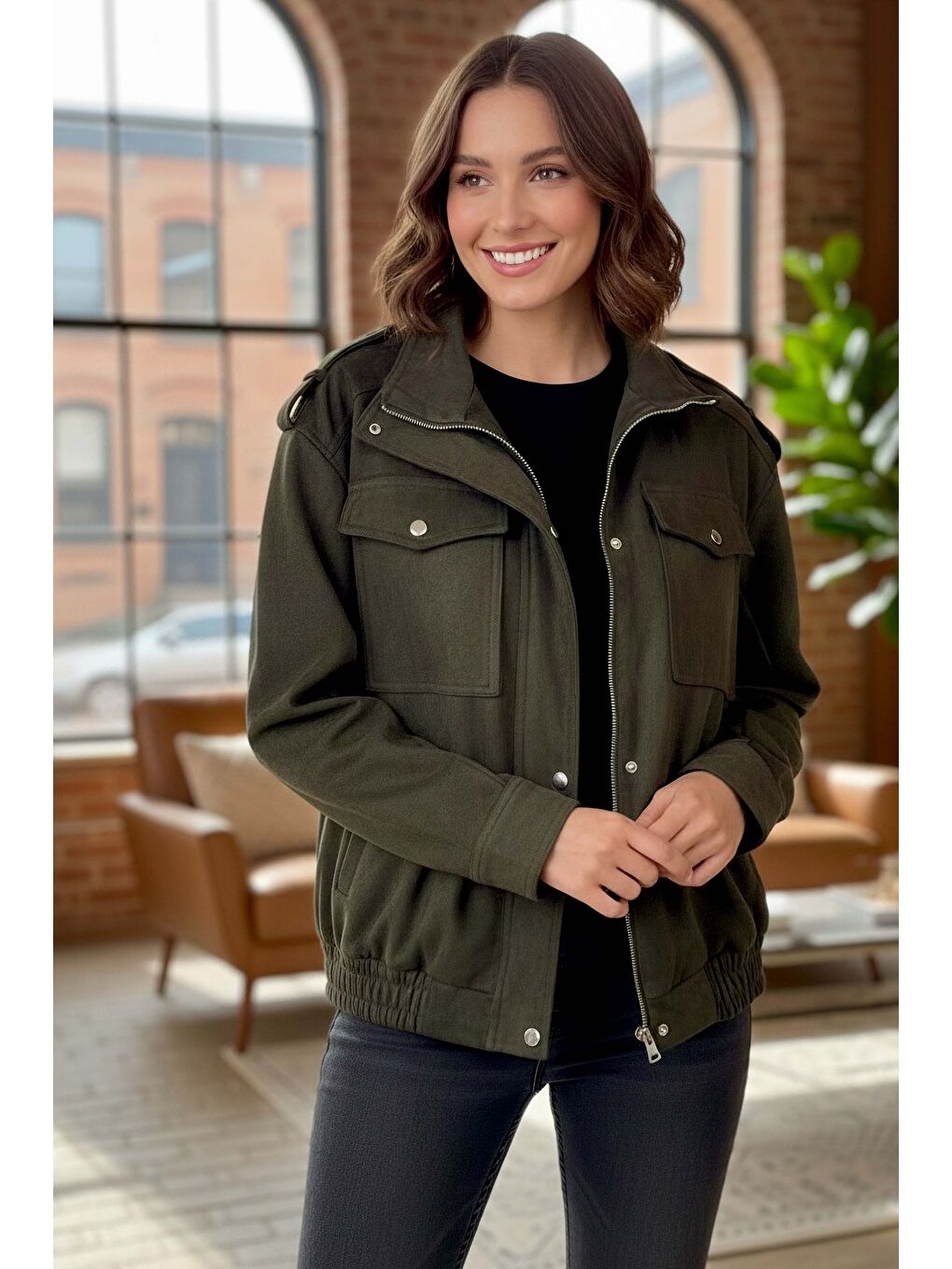 Çift Cepli Beli Lastikli Süet Ceket Haki - 28091-HAKI-1