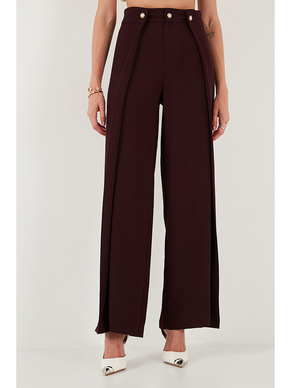 Mürdüm Düğmeli Pile Detaylı Wide Leg Yüksek Bel Geniş Paça Pantolon 68351133-2