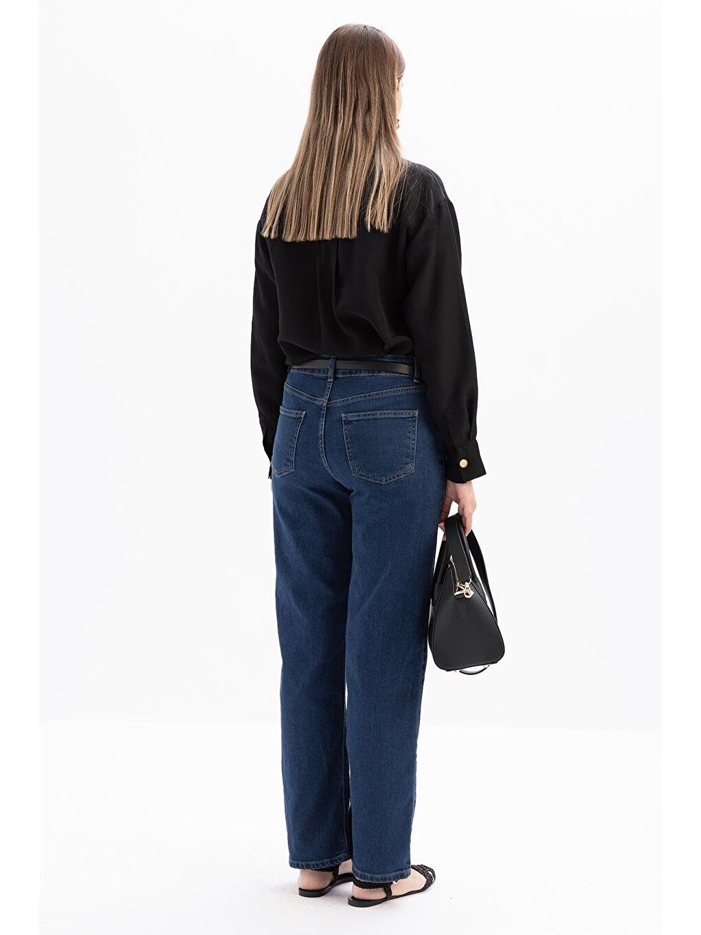 Koyu Mavi-Geniş Paça Denim Pantolon-3