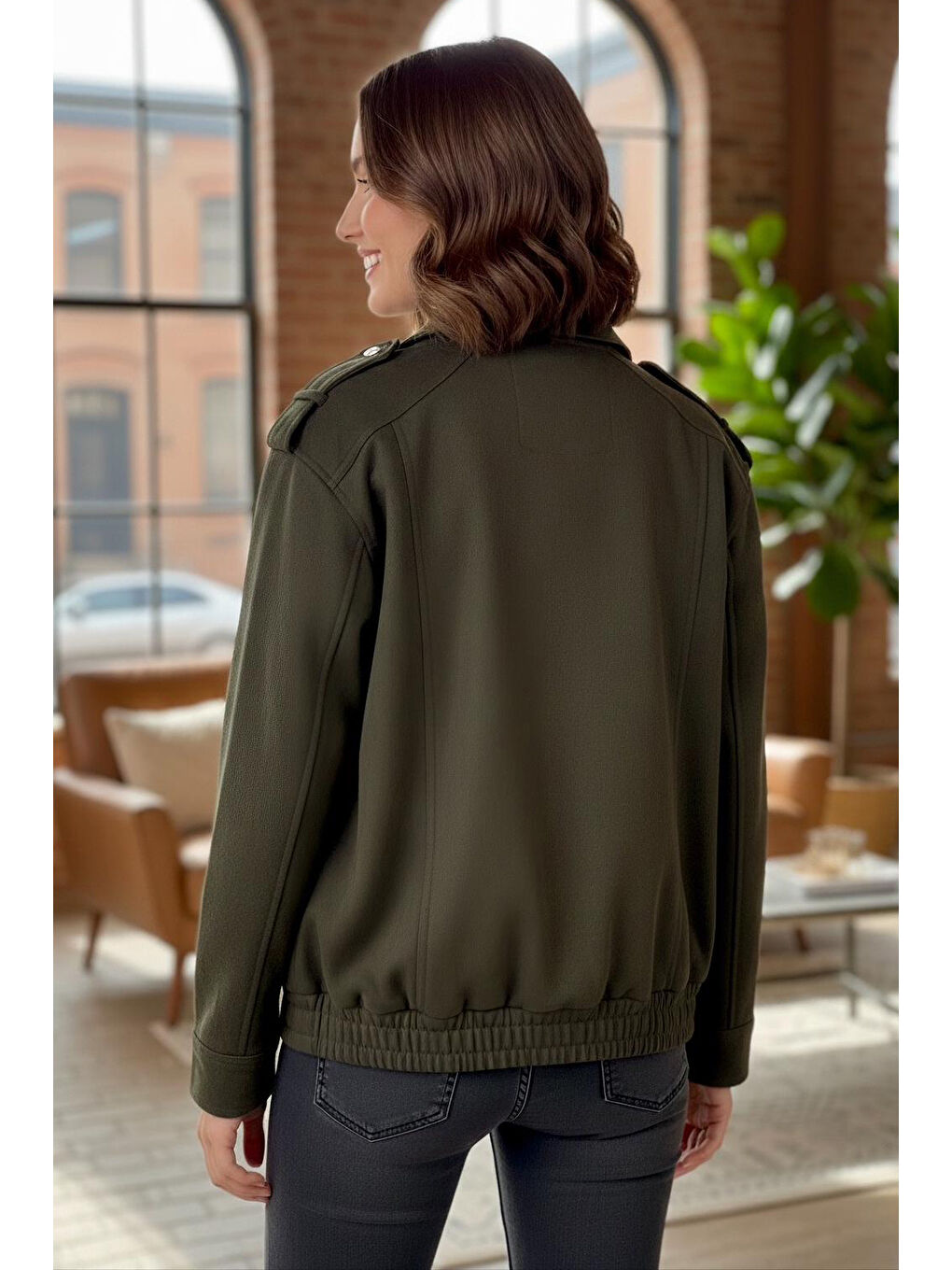 Çift Cepli Beli Lastikli Süet Ceket Haki - 28091-HAKI-2