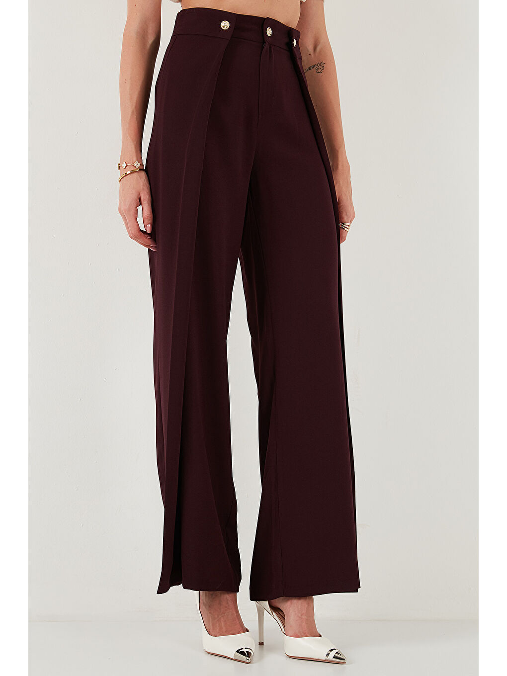 Mürdüm Düğmeli Pile Detaylı Wide Leg Yüksek Bel Geniş Paça Pantolon 68351133-3