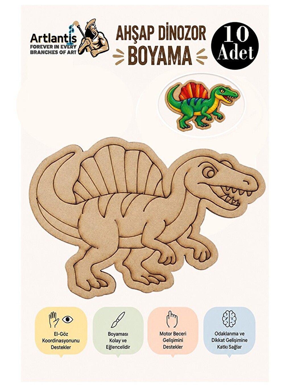 Ahşap Boyama Dinozorlar 10 Adet 10x15 Dinozor Boyama Figürü Etkinlik Çocuk Gelişim Motor Beceri Anas