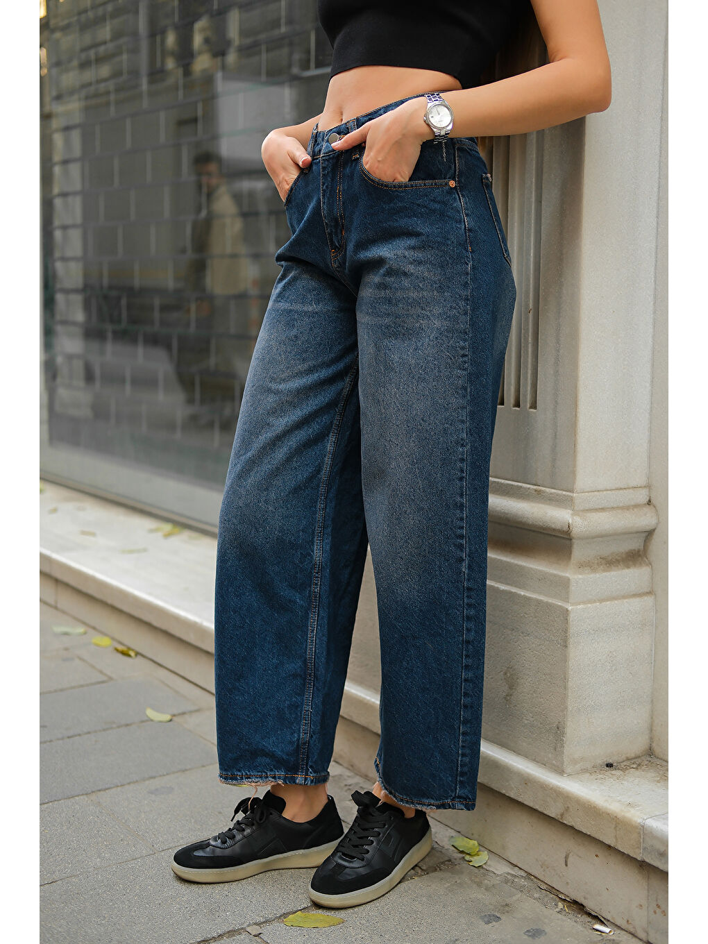 Kadın Baggy Model Jean Pantolon Koyu Mavi-4