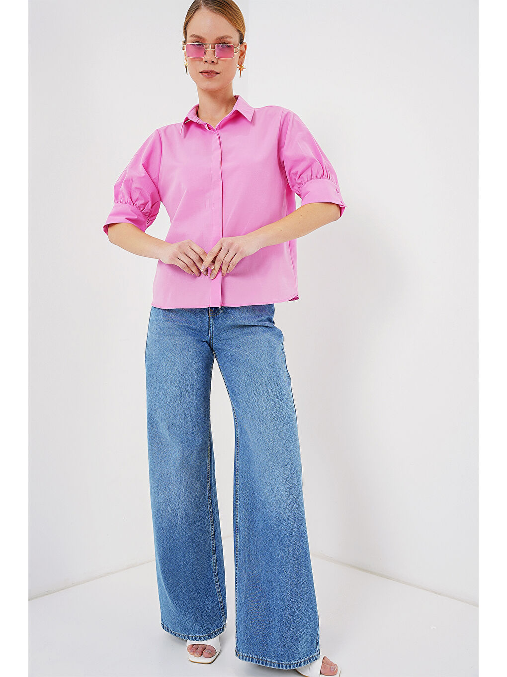 Kadın Kısa Kol Gömlek 20312 - Pembe-1