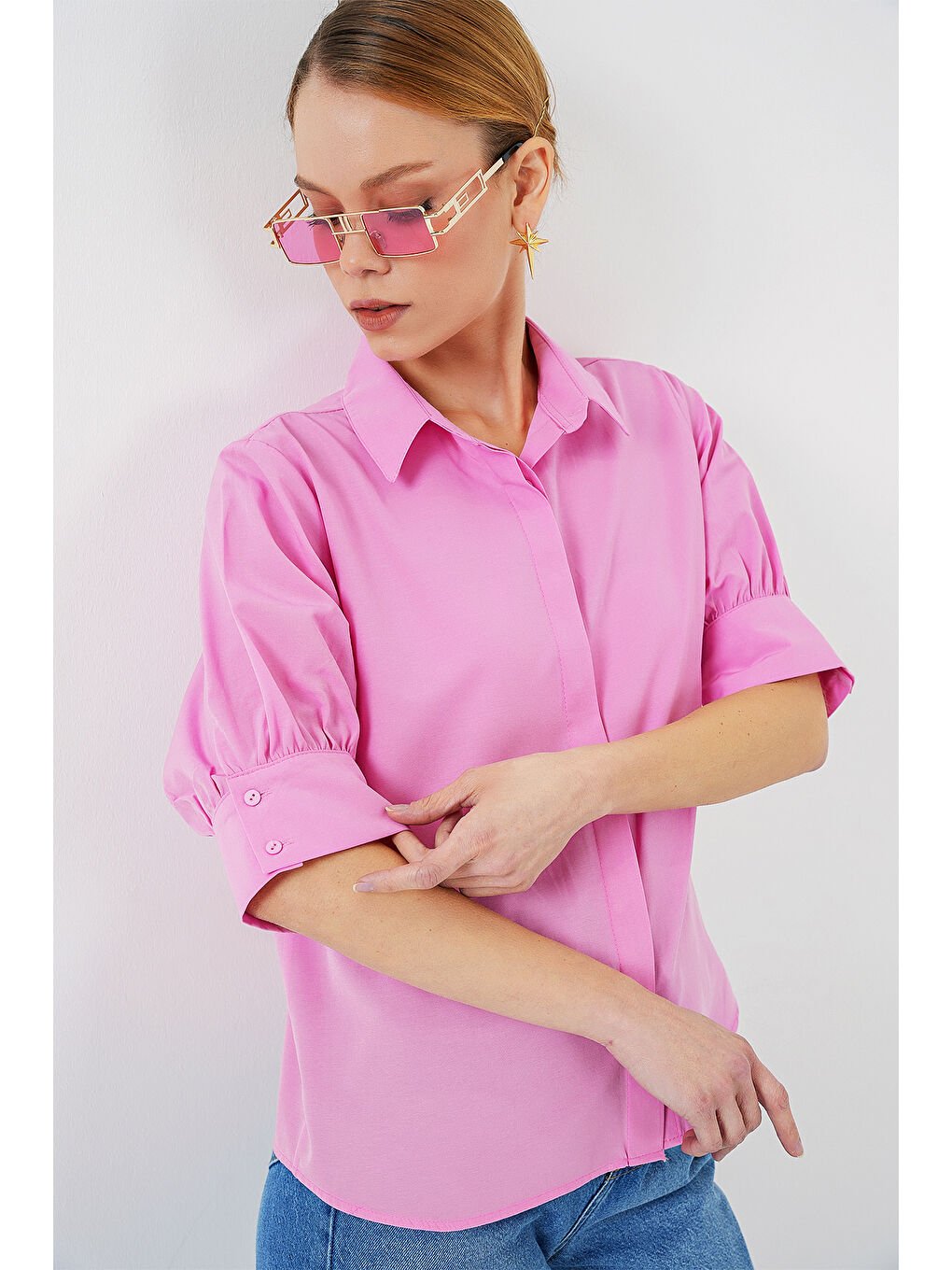 Kadın Kısa Kol Gömlek 20312 - Pembe-2