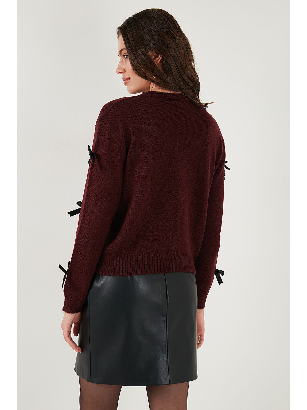 Bordo Premium Regular Fit Bisiklet Yaka Fiyonk Detaylı Triko Kazak 680KZ00155-6