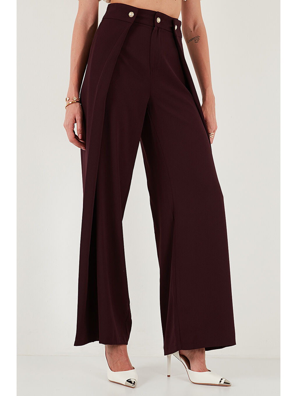 Mürdüm Düğmeli Pile Detaylı Wide Leg Yüksek Bel Geniş Paça Pantolon 68351133-4